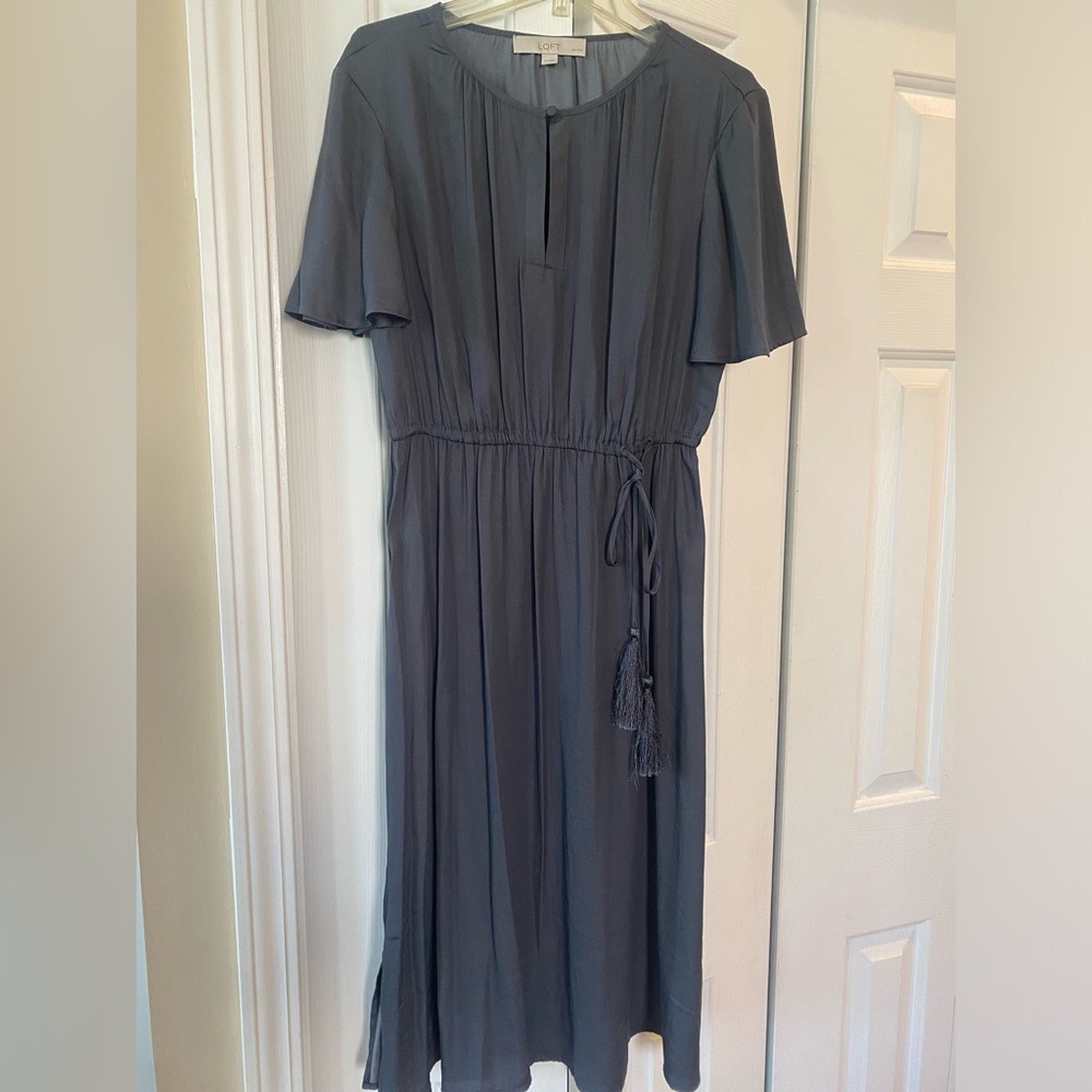 LOFT Slate Blue Tie-Waist Midi Dress